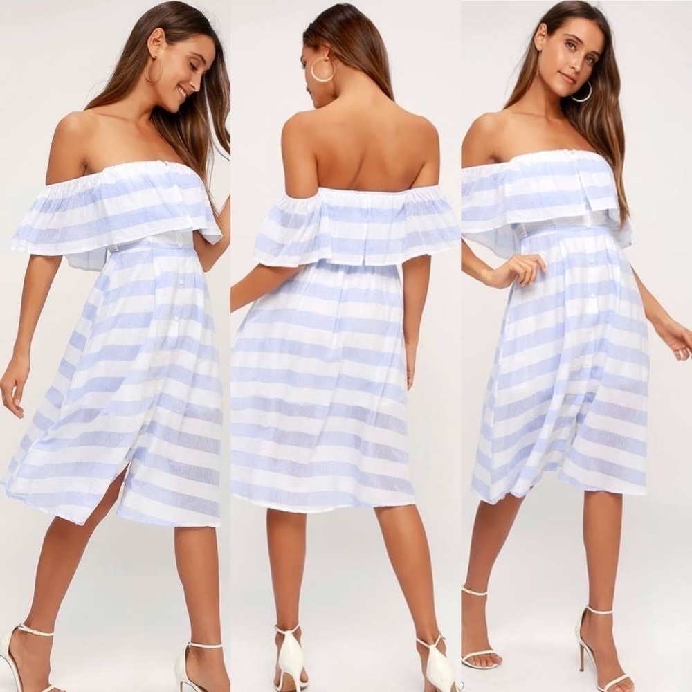 🚨 3 for $25 - Transatlantic Voyage Blue and Ivory Striped Midi Dress